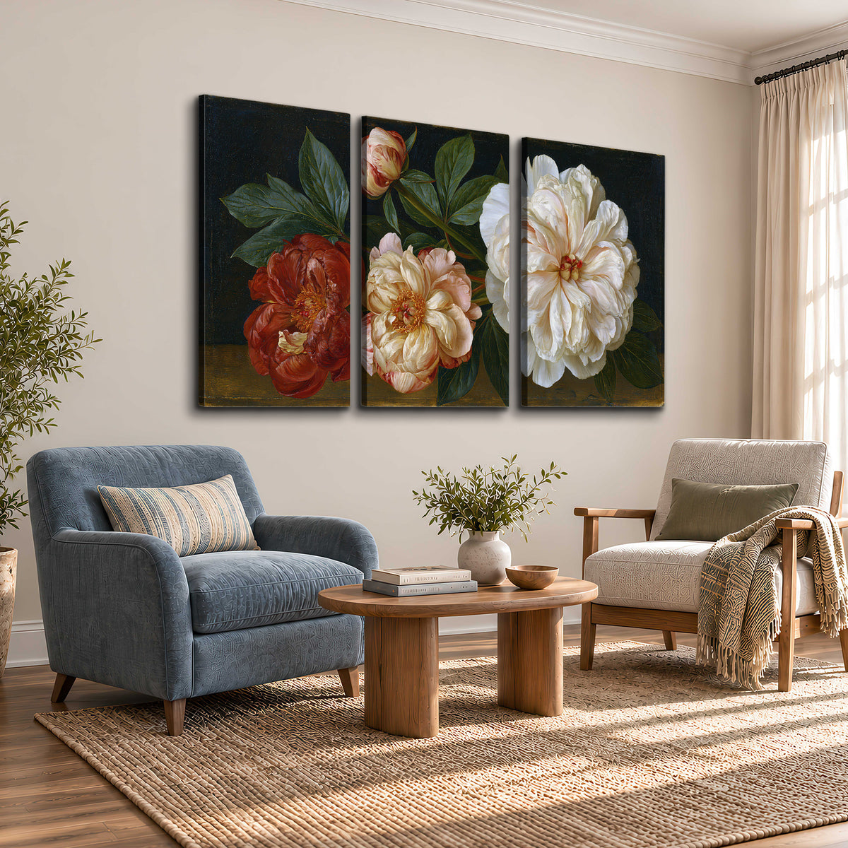 A large pale peony beside small ruby-red and peach flowers on a deep green ground 3 piece canvas wall art styled in an interior