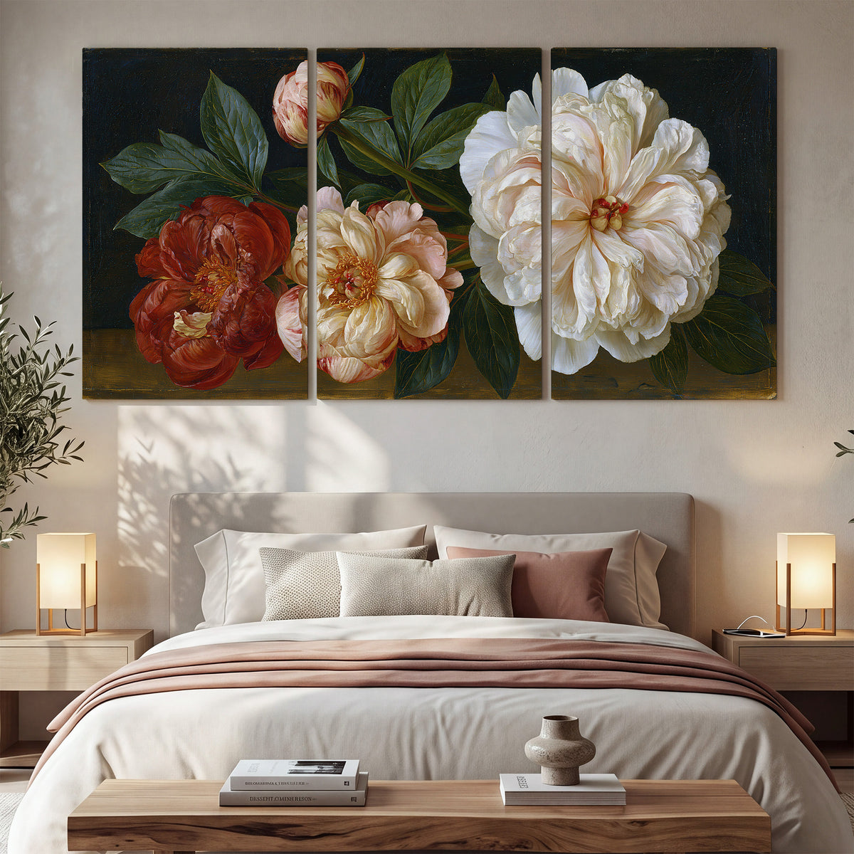 A large pale peony beside small ruby-red and peach flowers on a deep green ground 3 piece canvas wall art displayed in a bedroom