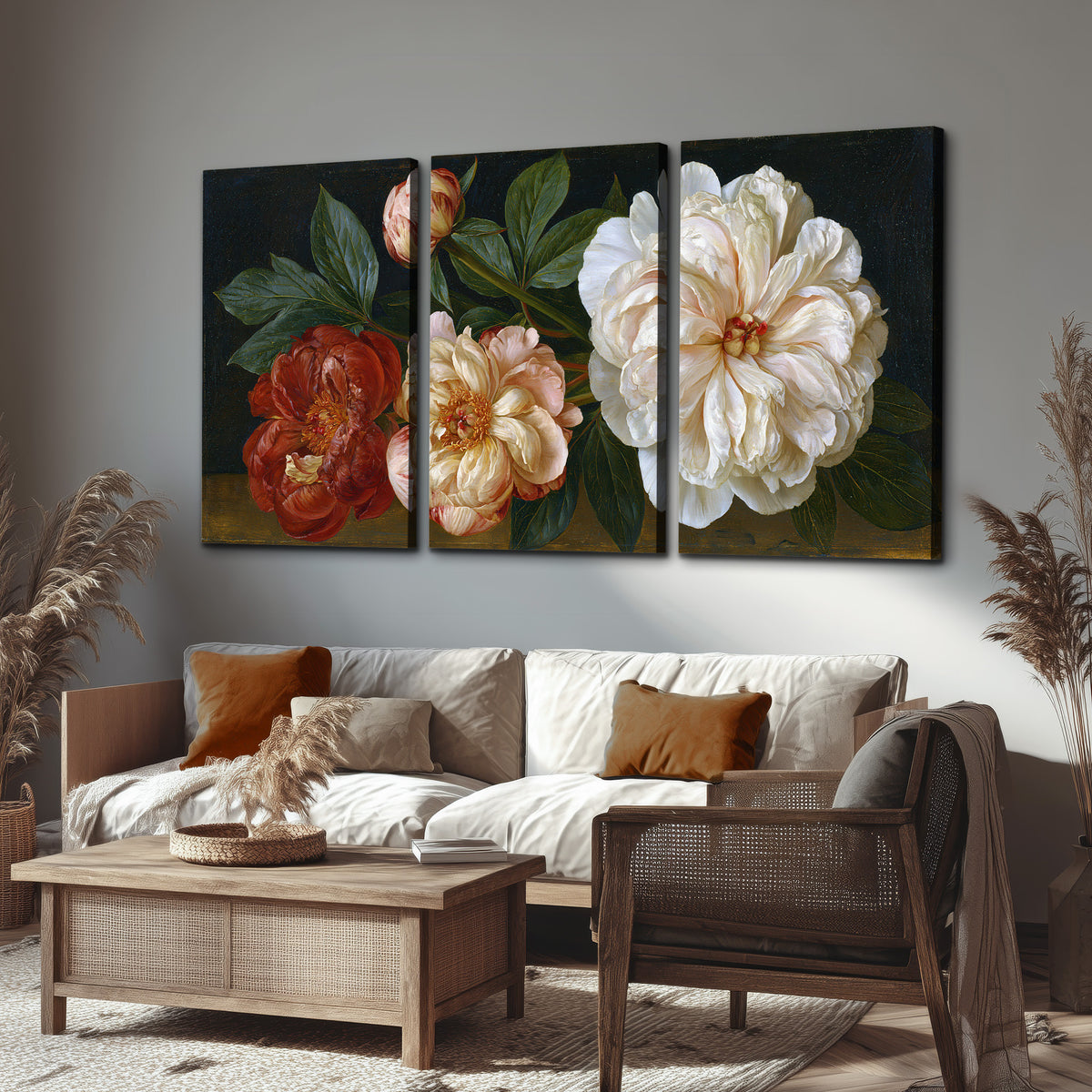 A large pale peony beside small ruby-red and peach flowers on a deep green ground 3 piece canvas wall art displayed in a rustic living room