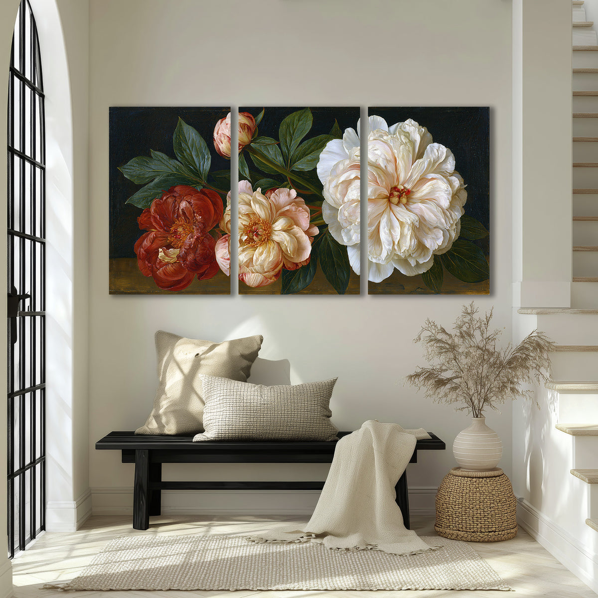 A large pale peony beside small ruby-red and peach flowers on a deep green ground 3 piece canvas wall art displayed in a entryway
