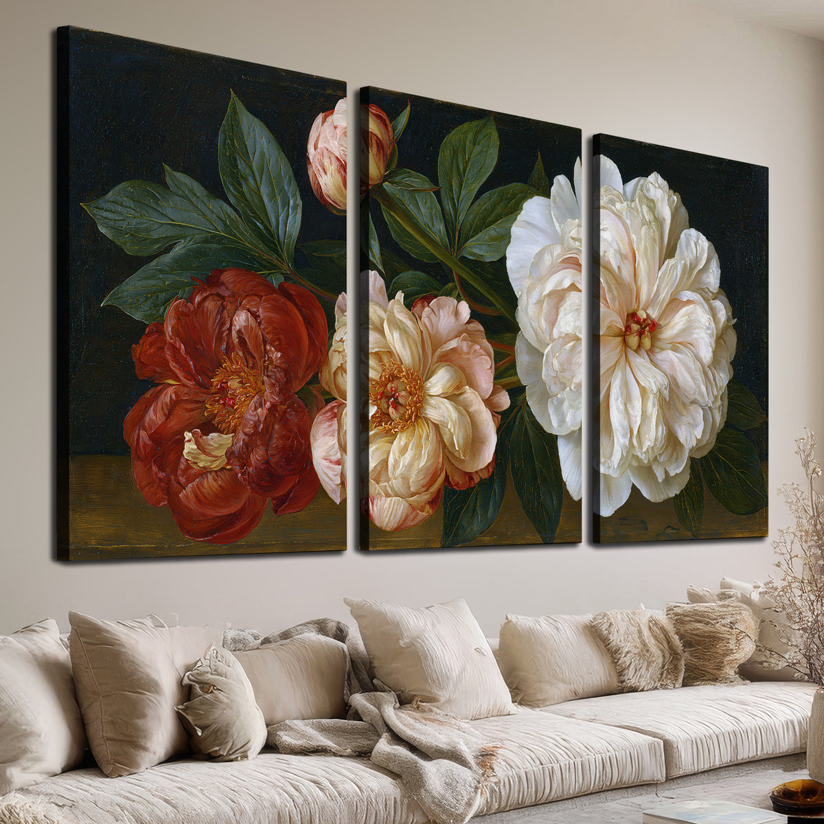 A large pale peony beside small ruby-red and peach flowers on a deep green ground 3 piece canvas wall art room and product view