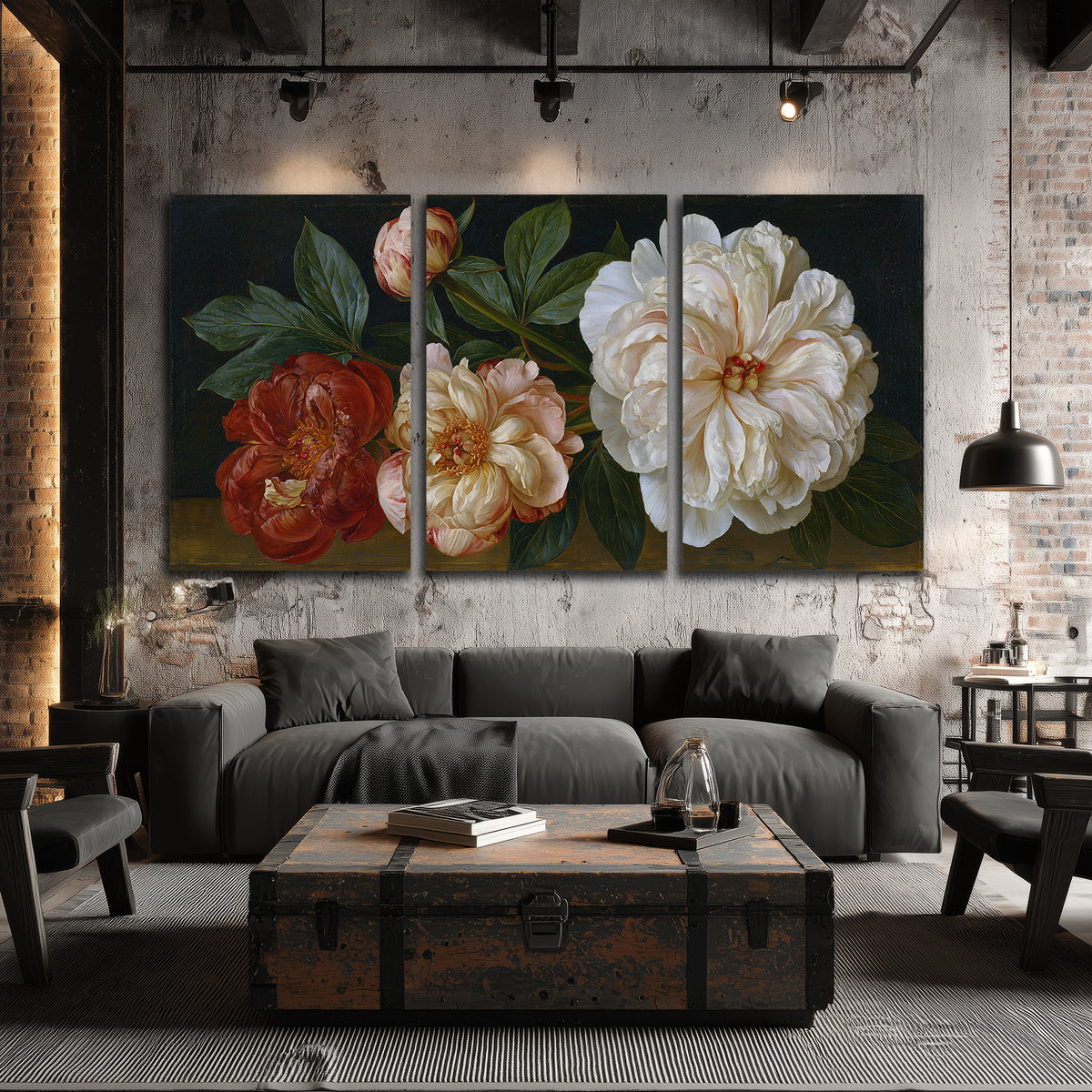 A large pale peony beside small ruby-red and peach flowers on a deep green ground 3 piece canvas wall art displayed in a industrial room