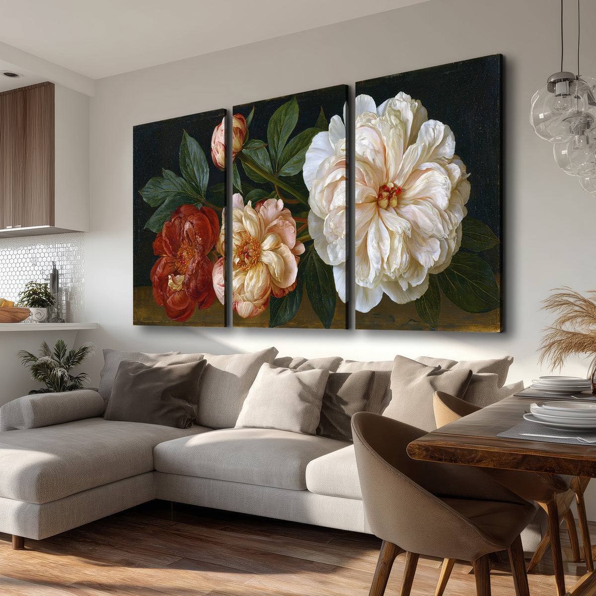 A large pale peony beside small ruby-red and peach flowers on a deep green ground 3 piece canvas wall art room and product view