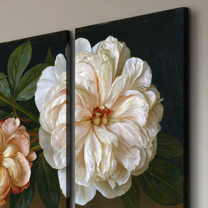 A large pale peony beside small ruby-red and peach flowers on a deep green ground 3 piece canvas wall art room and product view