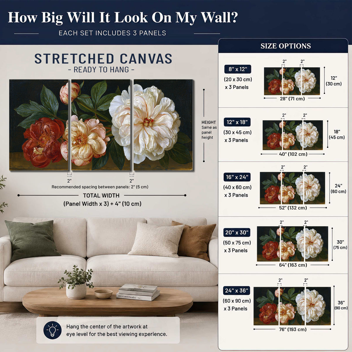 A large pale peony beside small ruby-red and peach flowers on a deep green ground 3 piece canvas wall art size guide above a sofa; room view is illustrative