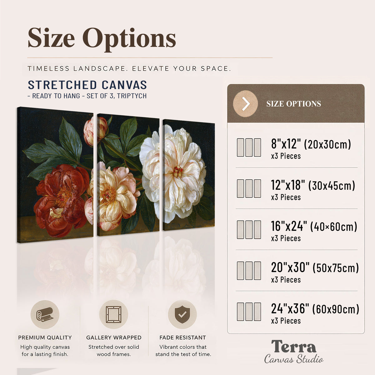 A large pale peony beside small ruby-red and peach flowers on a deep green ground 3 piece canvas wall art available dimensions; triptych dimensions are per panel