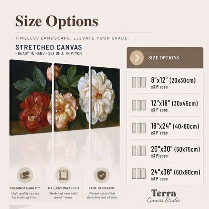 A large pale peony beside small ruby-red and peach flowers on a deep green ground 3 piece canvas wall art available dimensions; triptych dimensions are per panel