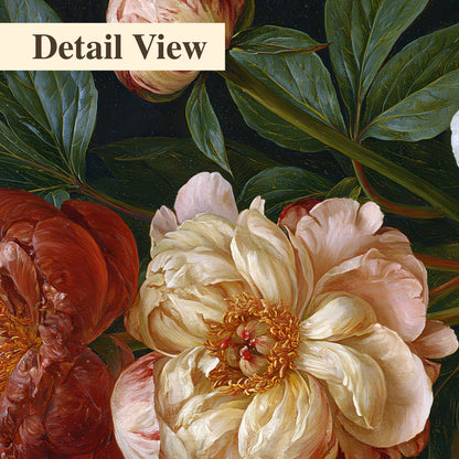 A large pale peony beside small ruby-red and peach flowers on a deep green ground 3 piece canvas wall art artwork detail close up