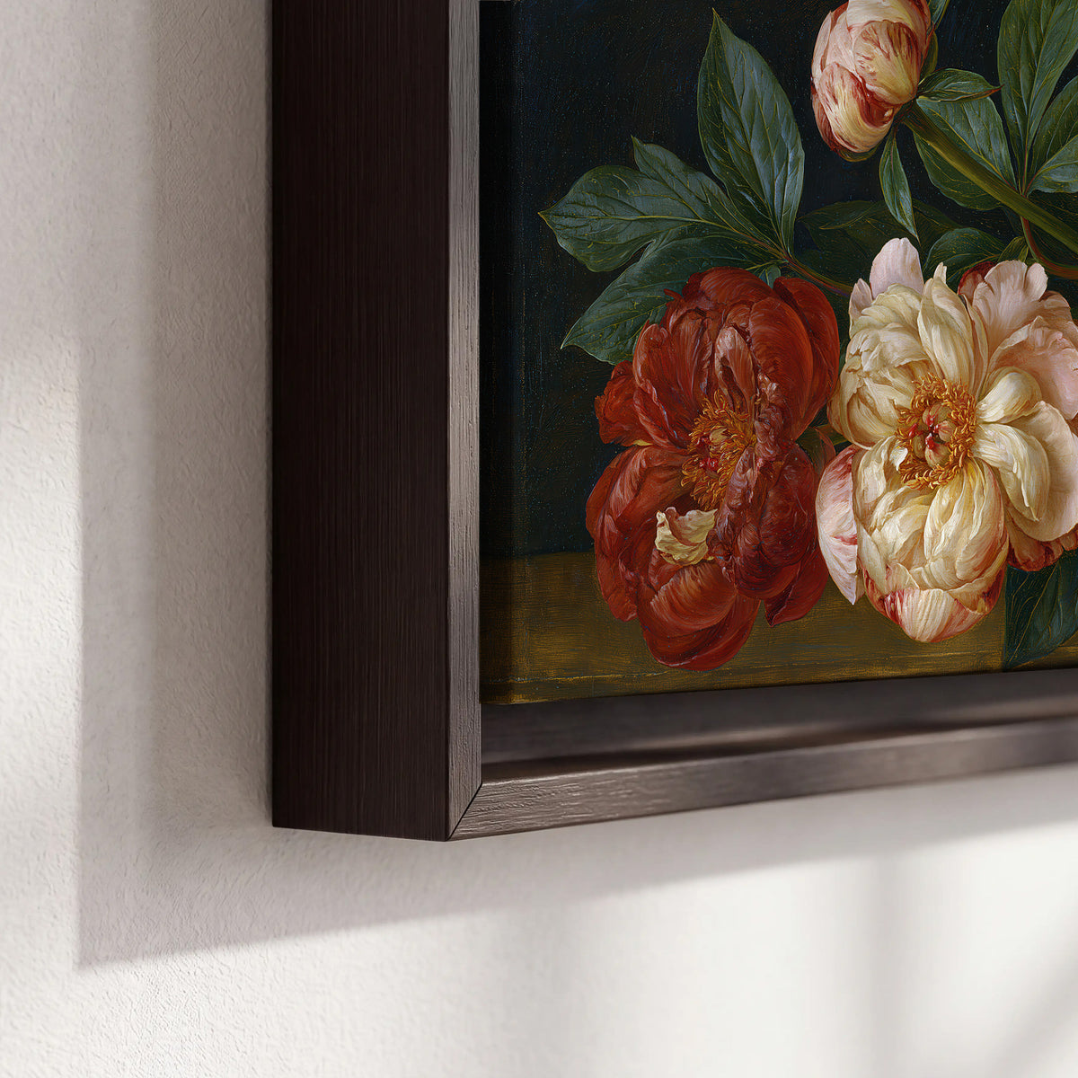 A large pale peony beside small ruby-red and peach flowers on a deep green ground 3 piece framed canvas wall art material and edge close up