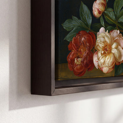 A large pale peony beside small ruby-red and peach flowers on a deep green ground 3 piece framed canvas wall art material and edge close up