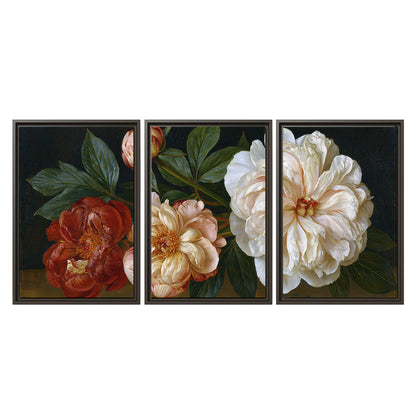 A large pale peony beside small ruby-red and peach flowers on a deep green ground 3 piece framed canvas wall art viewed straight on