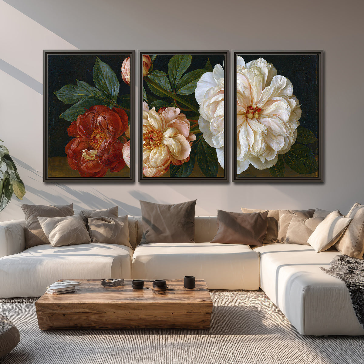 A large pale peony beside small ruby-red and peach flowers on a deep green ground 3 piece framed canvas wall art displayed in a living room