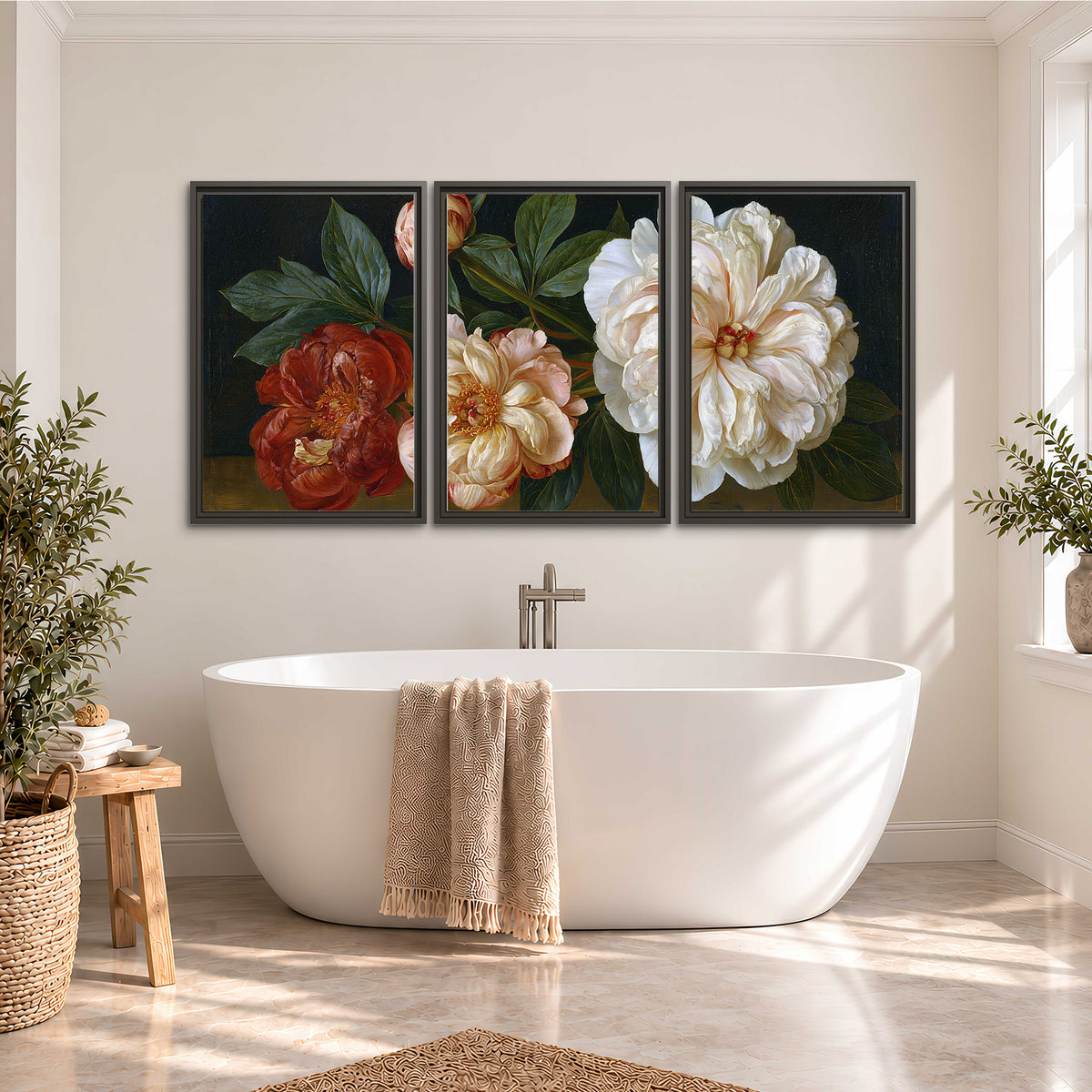 A large pale peony beside small ruby-red and peach flowers on a deep green ground 3 piece framed canvas wall art styled in an interior