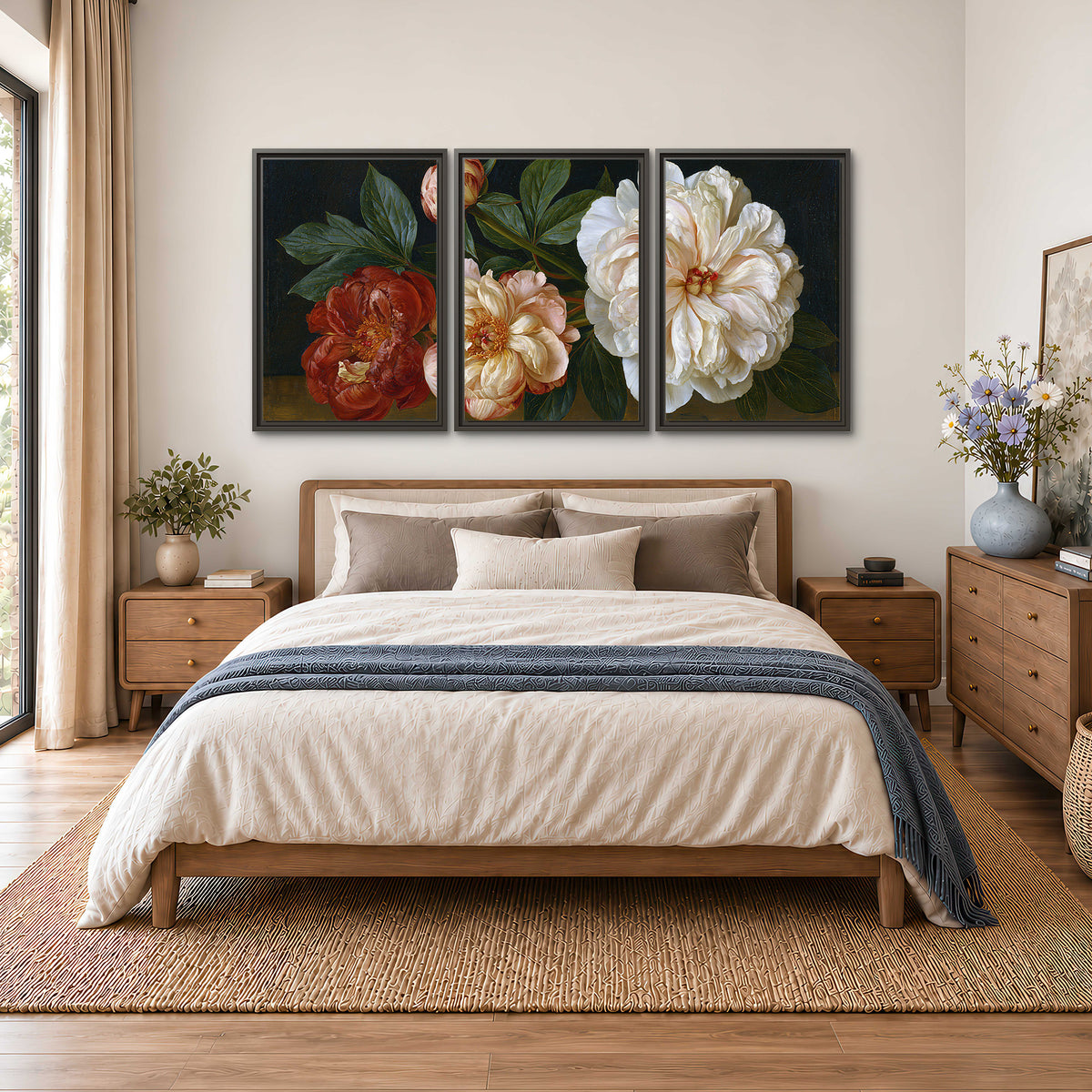 A large pale peony beside small ruby-red and peach flowers on a deep green ground 3 piece framed canvas wall art styled in an interior