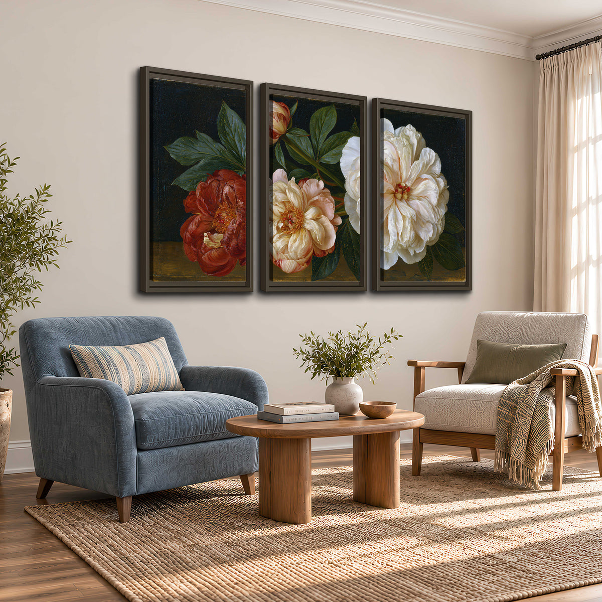 A large pale peony beside small ruby-red and peach flowers on a deep green ground 3 piece framed canvas wall art styled in an interior