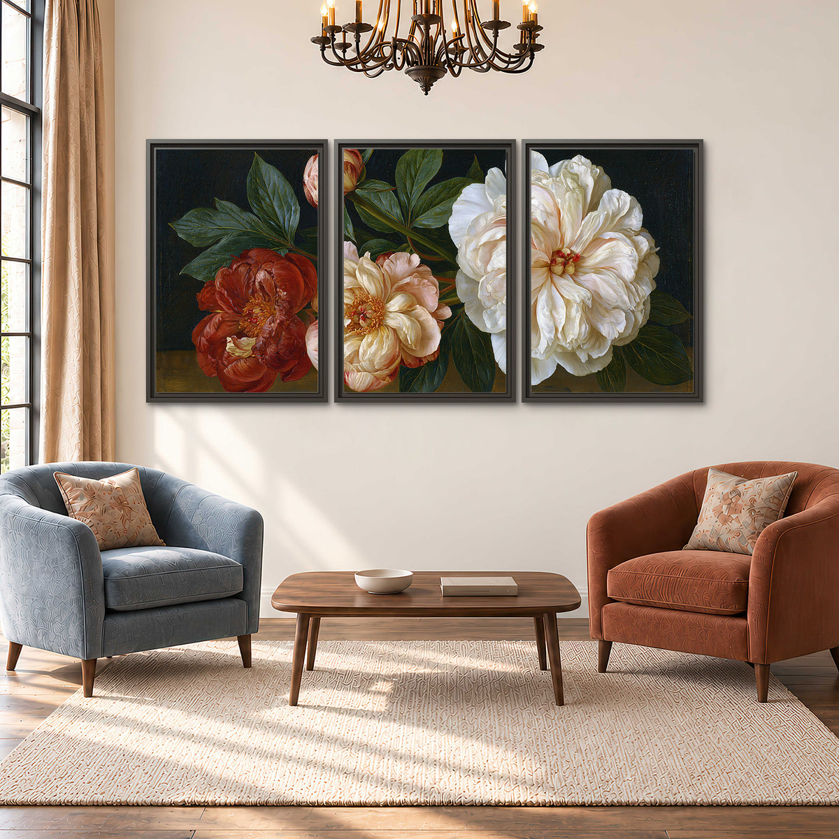 A large pale peony beside small ruby-red and peach flowers on a deep green ground 3 piece framed canvas wall art styled in an interior