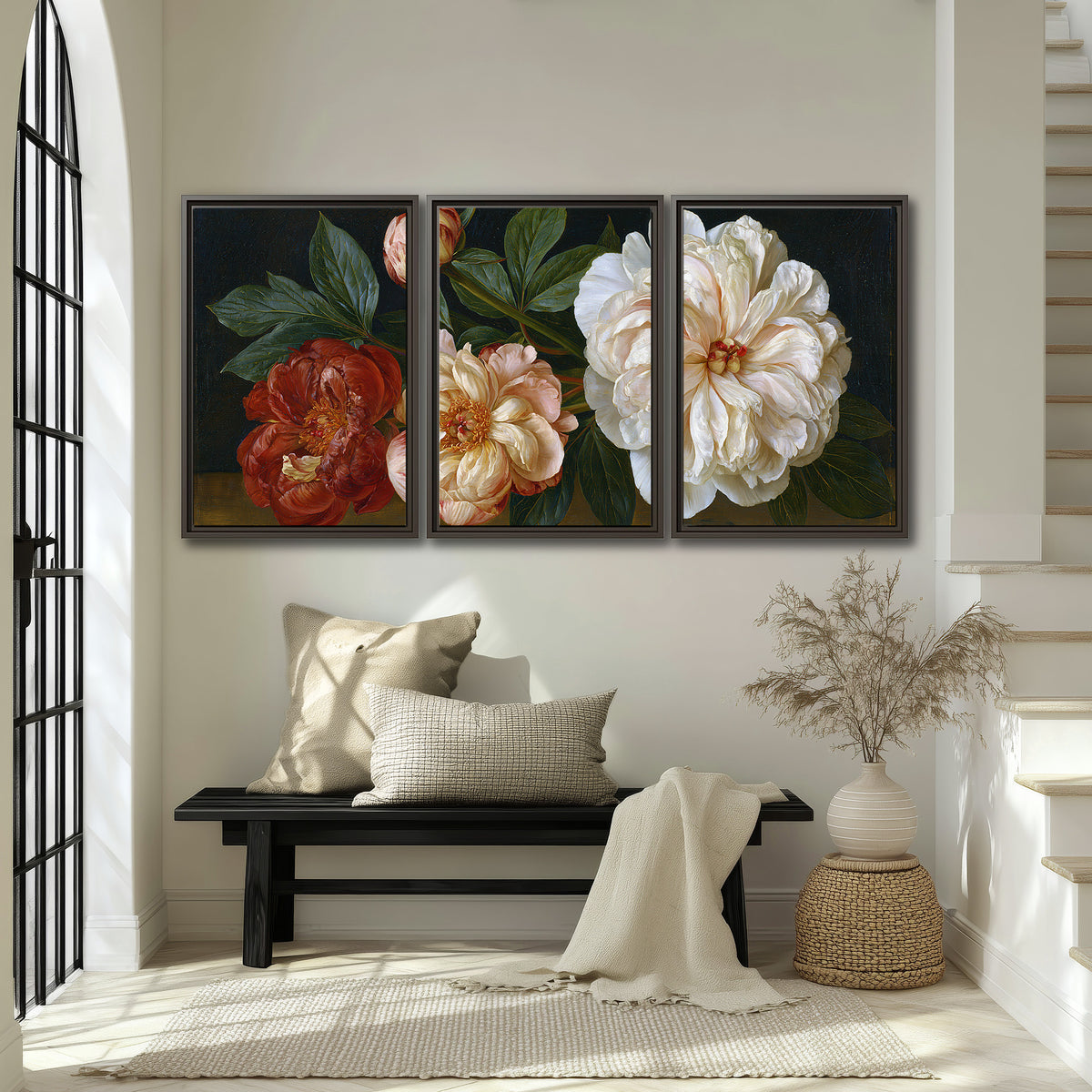 A large pale peony beside small ruby-red and peach flowers on a deep green ground 3 piece framed canvas wall art displayed in a entryway