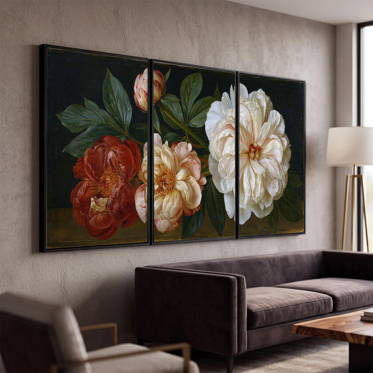 A large pale peony beside small ruby-red and peach flowers on a deep green ground 3 piece framed canvas wall art displayed in a modern living room