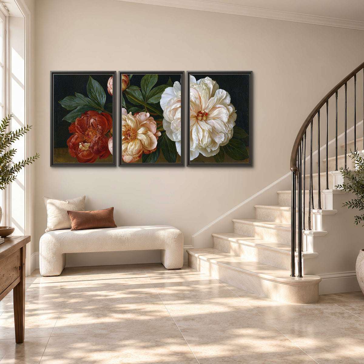 A large pale peony beside small ruby-red and peach flowers on a deep green ground 3 piece framed canvas wall art styled in an interior
