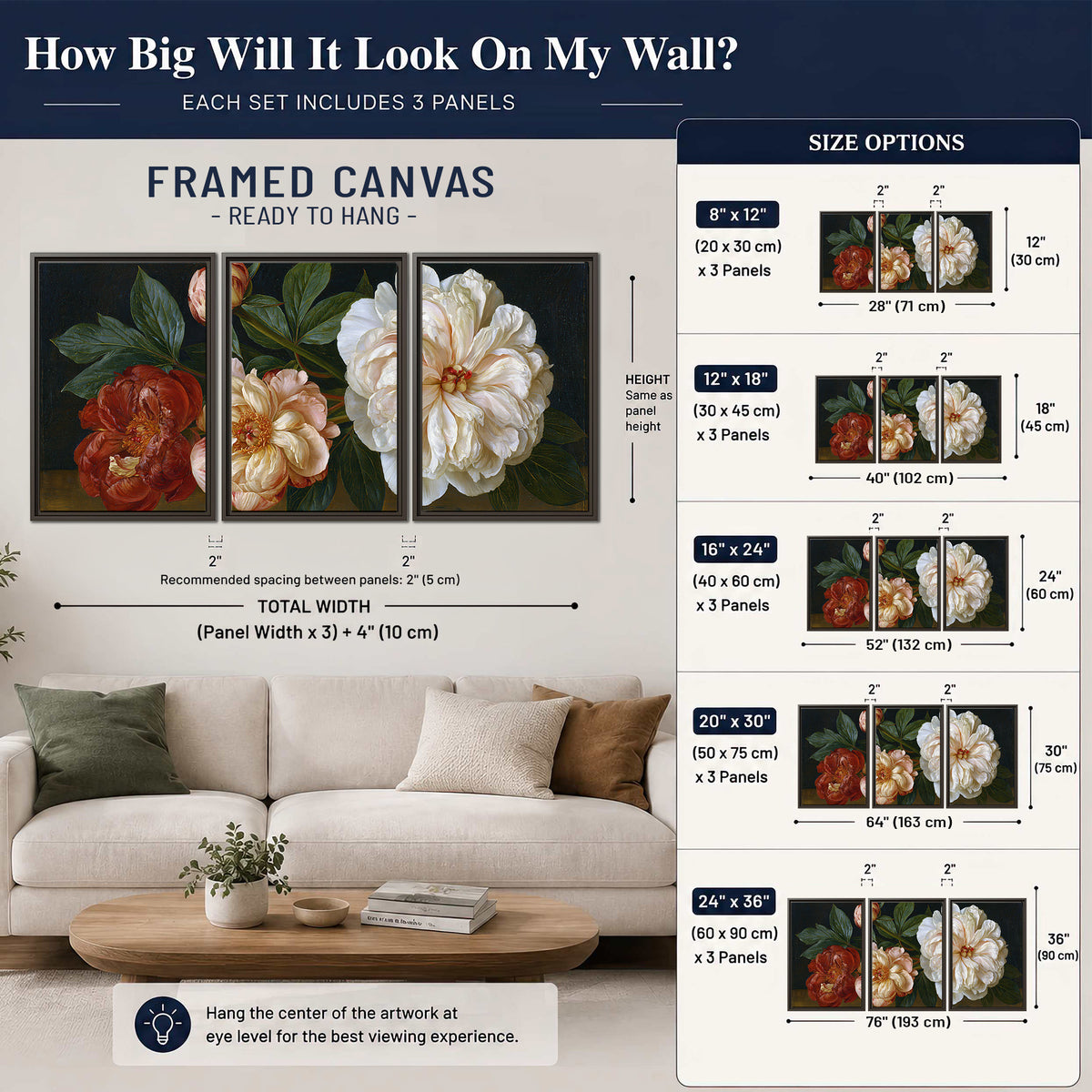 A large pale peony beside small ruby-red and peach flowers on a deep green ground 3 piece framed canvas wall art size guide above a sofa; room view is illustrative