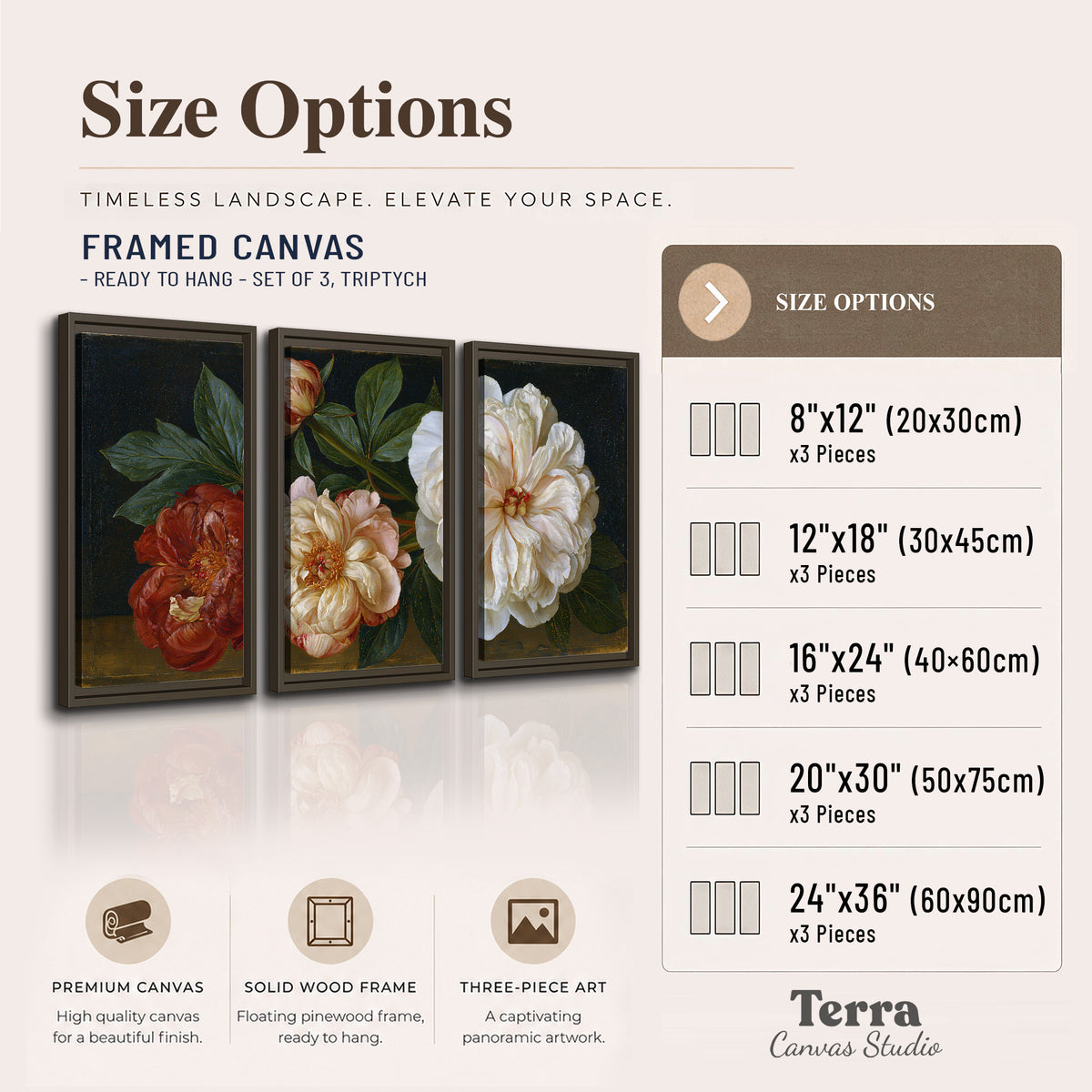 A large pale peony beside small ruby-red and peach flowers on a deep green ground 3 piece framed canvas wall art available dimensions; triptych dimensions are per panel