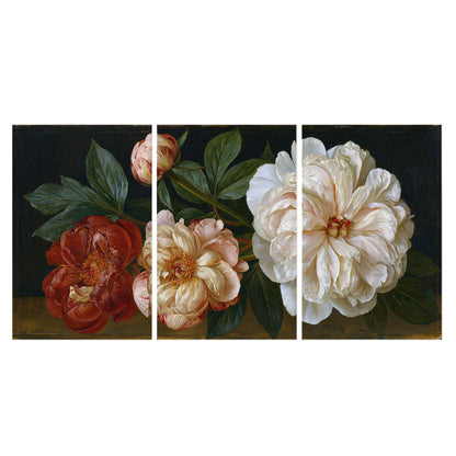 A large pale peony beside small ruby-red and peach flowers on a deep green ground set of 3 poster prints viewed straight on