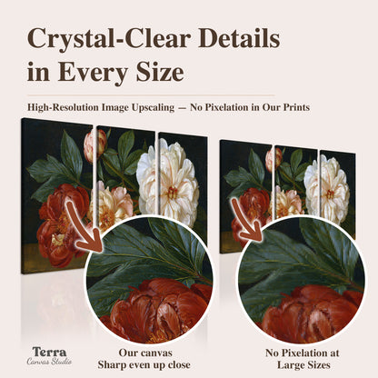 A large pale peony beside small ruby-red and peach flowers on a deep green ground artwork quality information