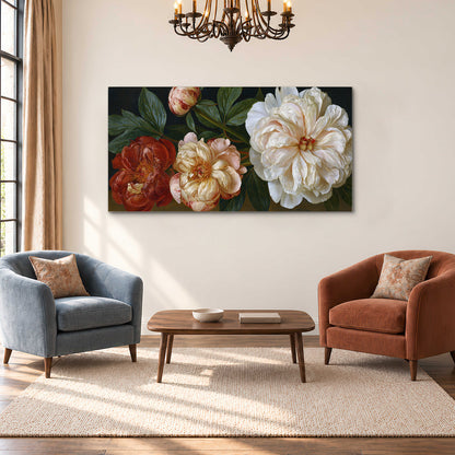 A large pale peony beside small ruby-red and peach flowers on a deep green ground single canvas wall art styled in an interior