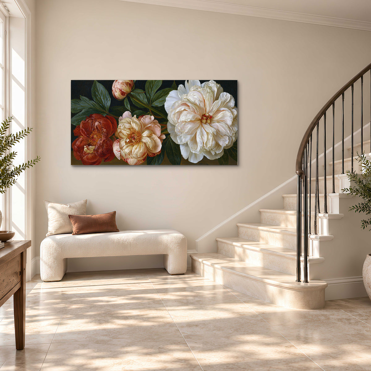 A large pale peony beside small ruby-red and peach flowers on a deep green ground single canvas wall art styled in an interior