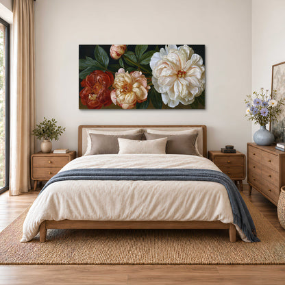 A large pale peony beside small ruby-red and peach flowers on a deep green ground single canvas wall art styled in an interior
