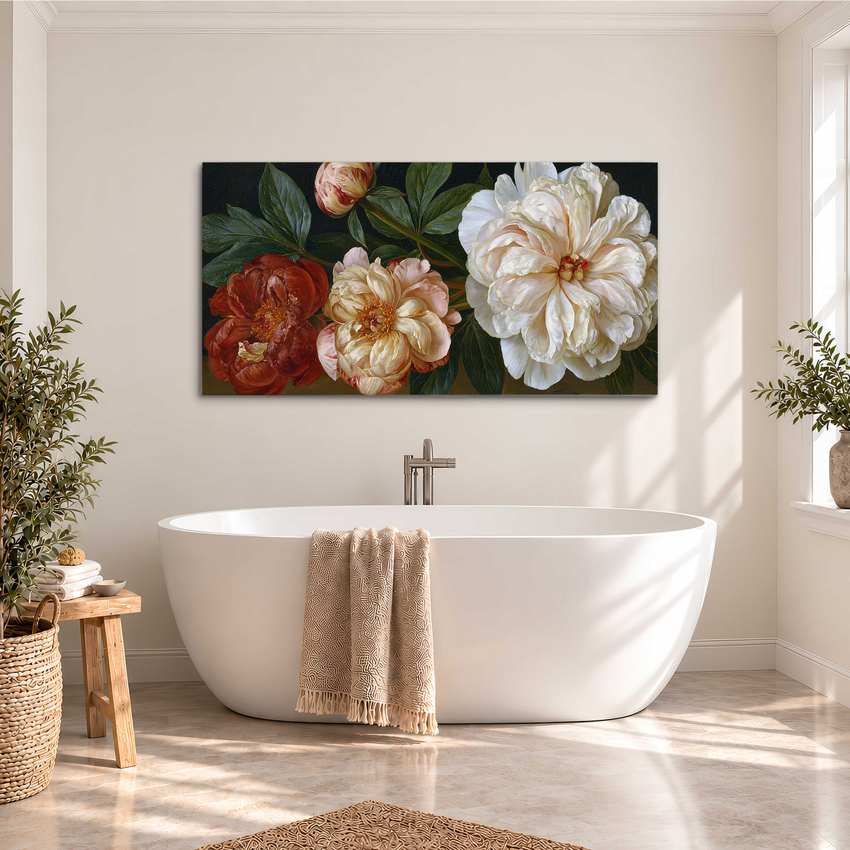 A large pale peony beside small ruby-red and peach flowers on a deep green ground single canvas wall art styled in an interior