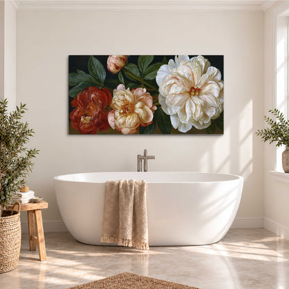 A large pale peony beside small ruby-red and peach flowers on a deep green ground single canvas wall art styled in an interior