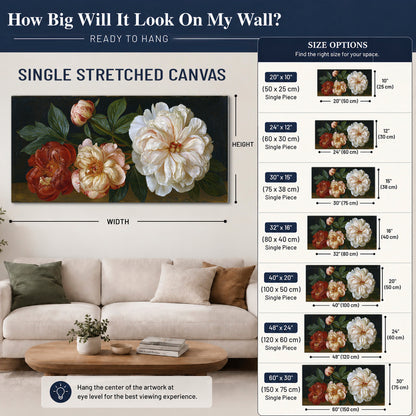 A large pale peony beside small ruby-red and peach flowers on a deep green ground single canvas wall art size guide above a sofa; room view is illustrative