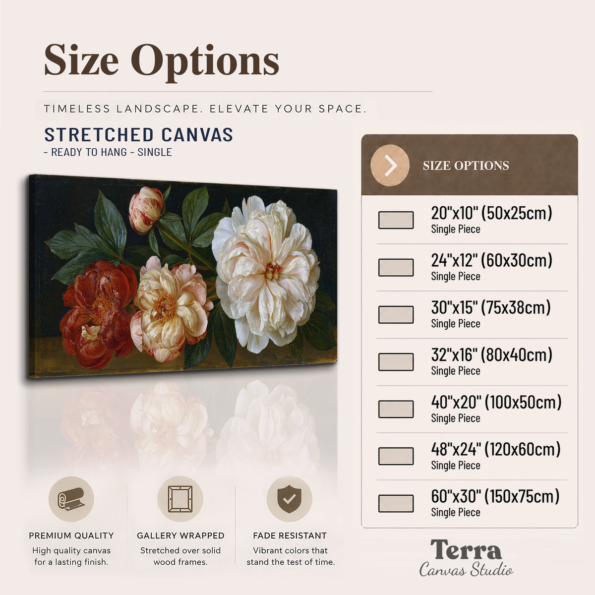 A large pale peony beside small ruby-red and peach flowers on a deep green ground single canvas wall art available dimensions