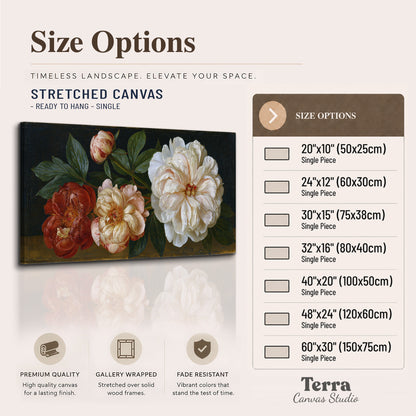 A large pale peony beside small ruby-red and peach flowers on a deep green ground single canvas wall art available dimensions