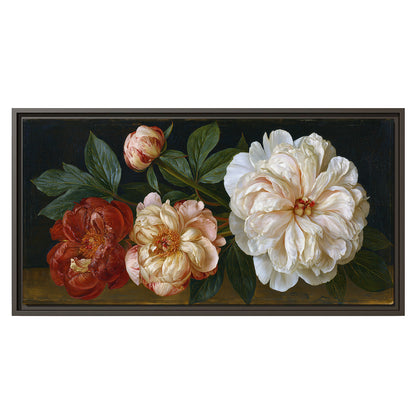 A large pale peony beside small ruby-red and peach flowers on a deep green ground single framed canvas wall art viewed straight on