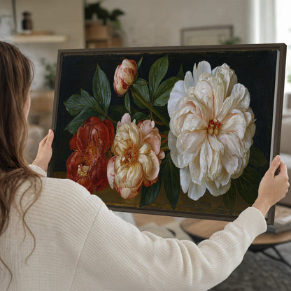 A large pale peony beside small ruby-red and peach flowers on a deep green ground single framed canvas wall art held in hands