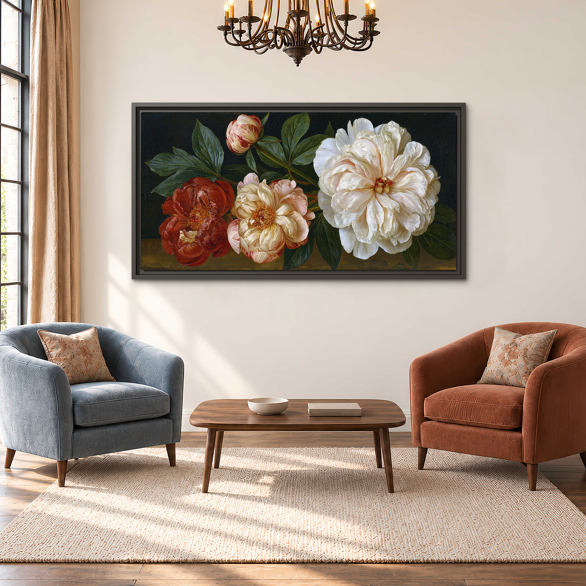A large pale peony beside small ruby-red and peach flowers on a deep green ground single framed canvas wall art styled in an interior