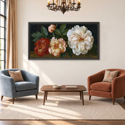 A large pale peony beside small ruby-red and peach flowers on a deep green ground single framed canvas wall art styled in an interior