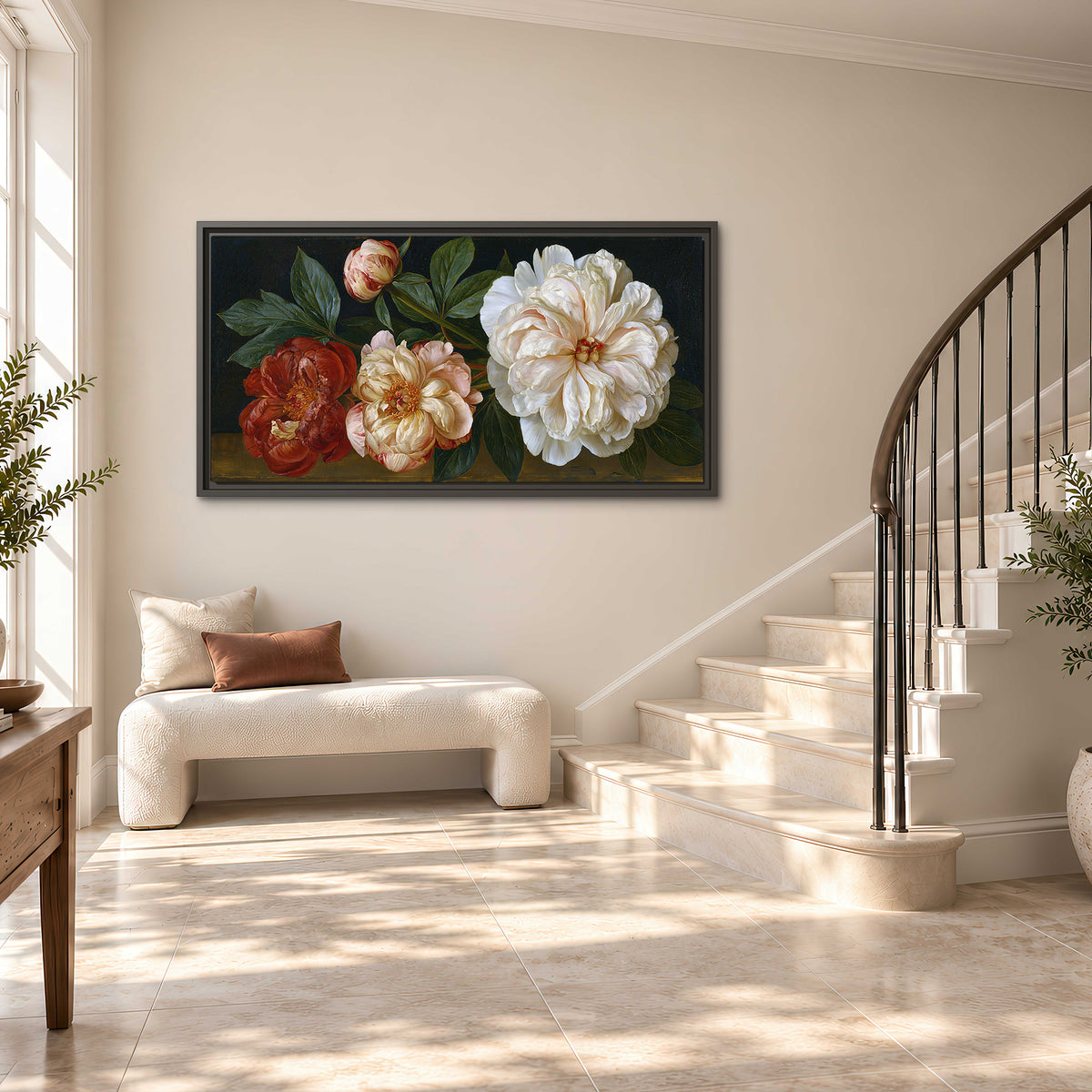 A large pale peony beside small ruby-red and peach flowers on a deep green ground single framed canvas wall art styled in an interior