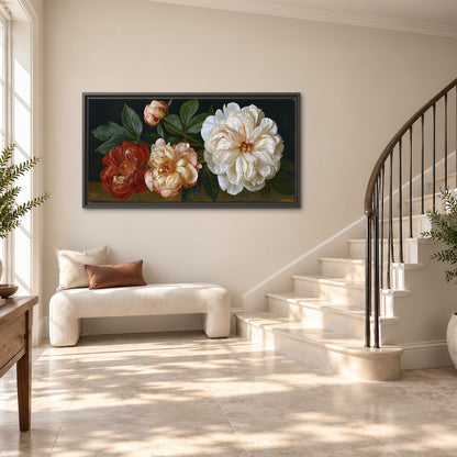 A large pale peony beside small ruby-red and peach flowers on a deep green ground single framed canvas wall art styled in an interior