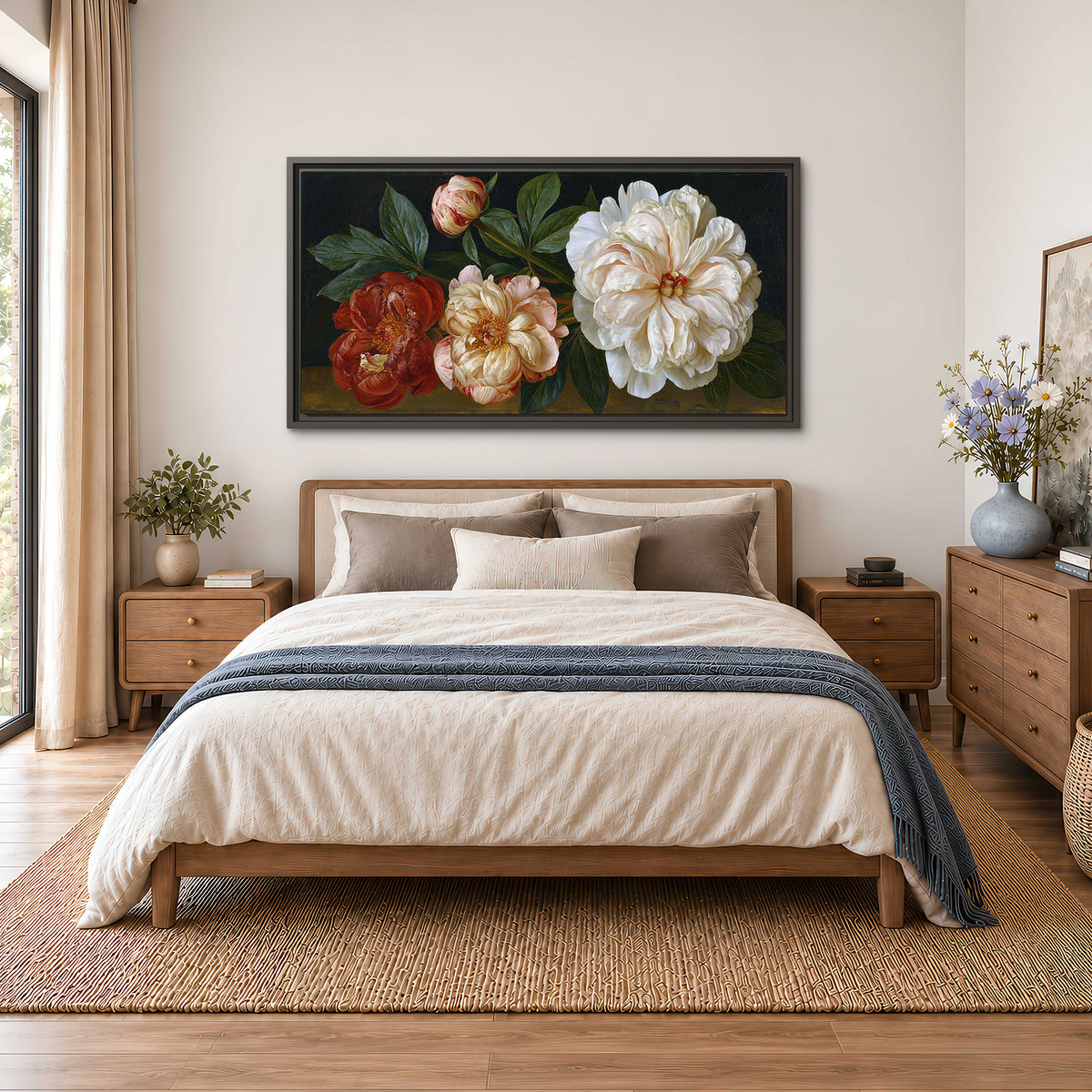 A large pale peony beside small ruby-red and peach flowers on a deep green ground single framed canvas wall art styled in an interior