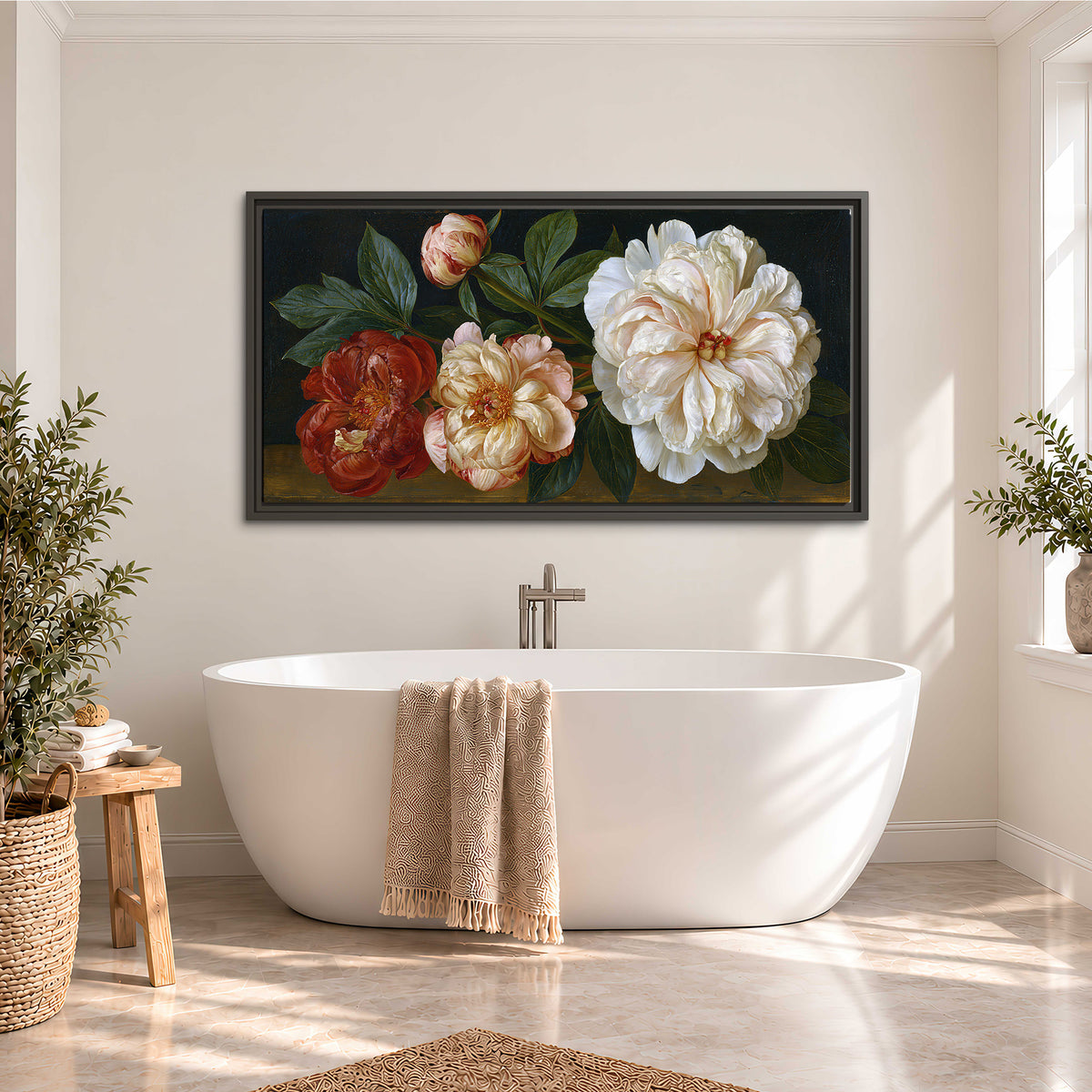 A large pale peony beside small ruby-red and peach flowers on a deep green ground single framed canvas wall art styled in an interior