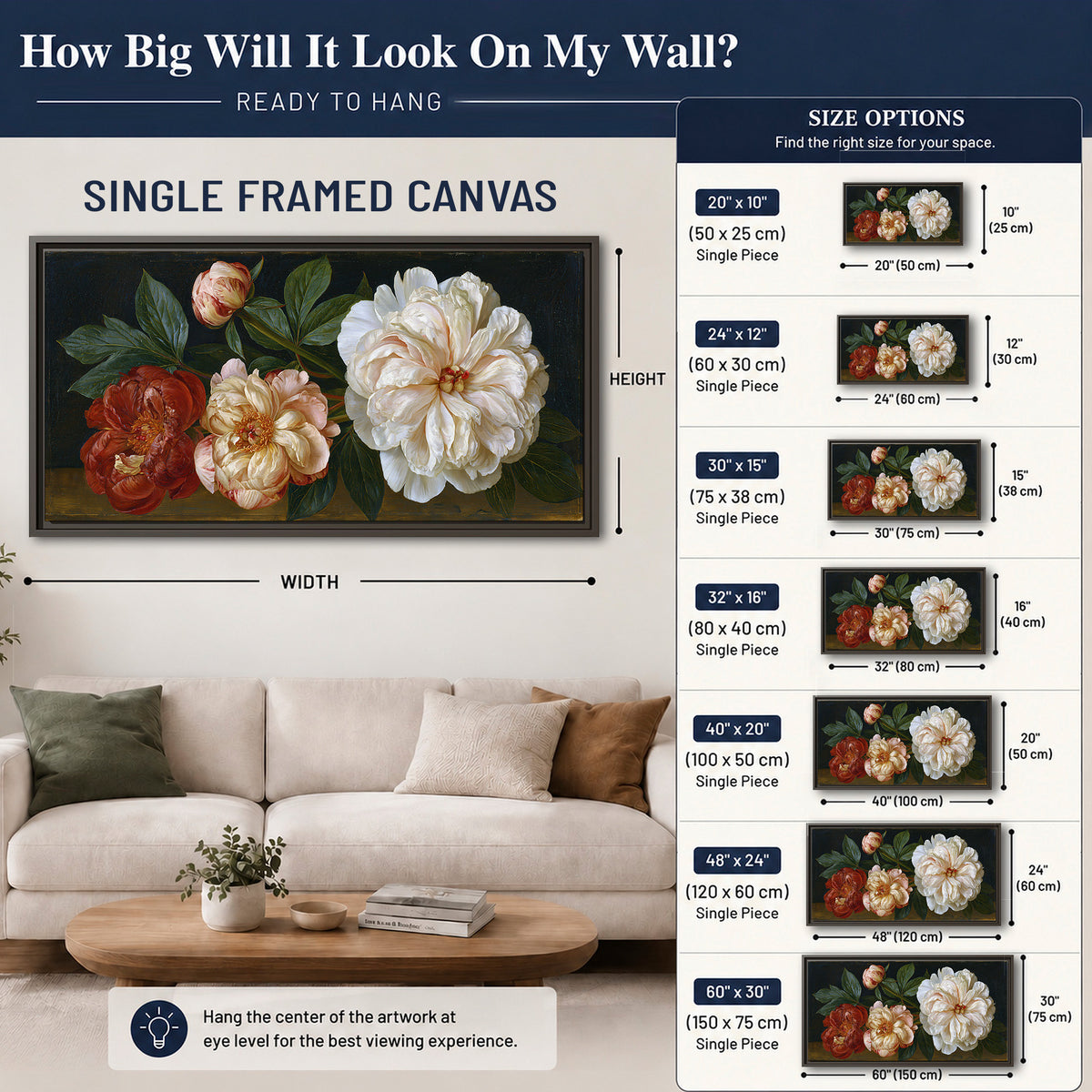 A large pale peony beside small ruby-red and peach flowers on a deep green ground single framed canvas wall art size guide above a sofa; room view is illustrative