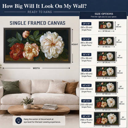 A large pale peony beside small ruby-red and peach flowers on a deep green ground single framed canvas wall art size guide above a sofa; room view is illustrative