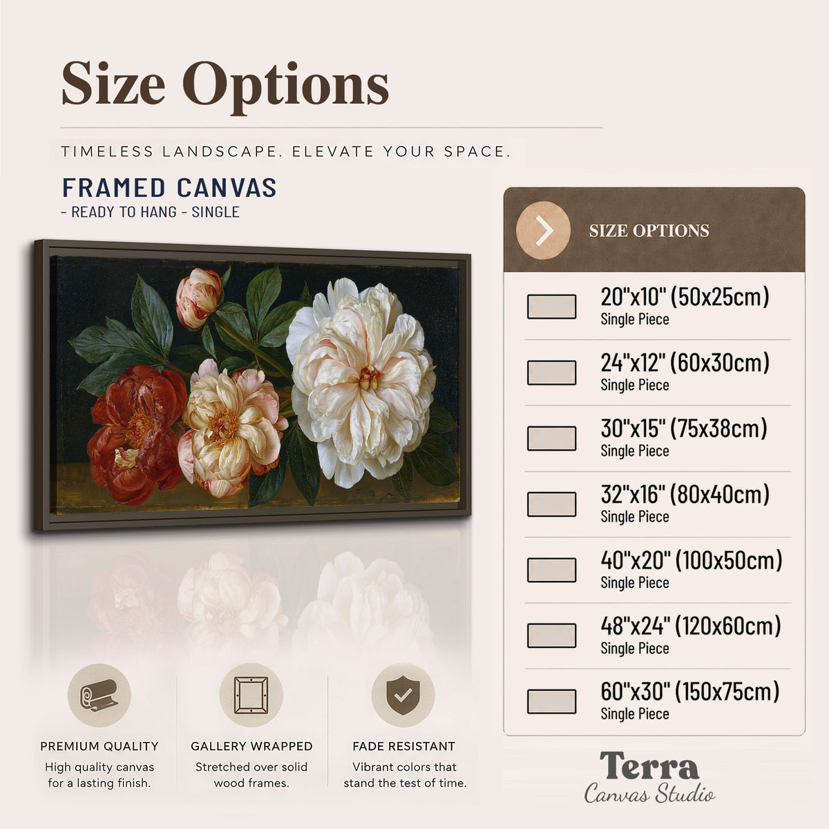 A large pale peony beside small ruby-red and peach flowers on a deep green ground single framed canvas wall art available dimensions