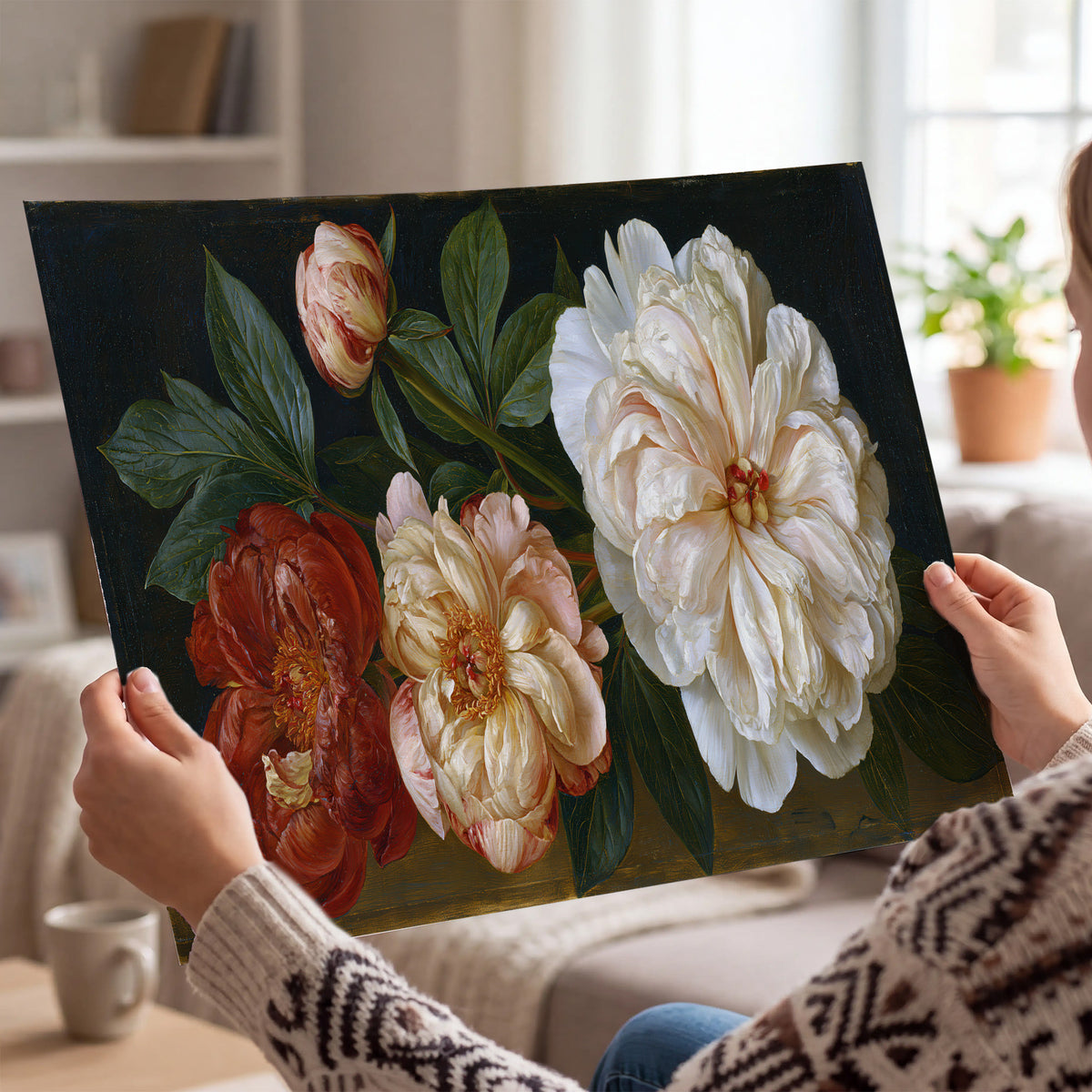 A large pale peony beside small ruby-red and peach flowers on a deep green ground single poster print held in hands
