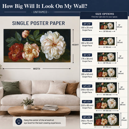 A large pale peony beside small ruby-red and peach flowers on a deep green ground single poster print size guide above a sofa; room view is illustrative