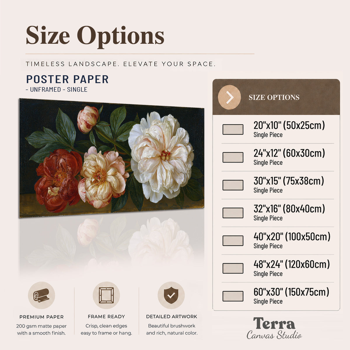 A large pale peony beside small ruby-red and peach flowers on a deep green ground single poster print available dimensions