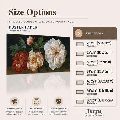 A large pale peony beside small ruby-red and peach flowers on a deep green ground single poster print available dimensions
